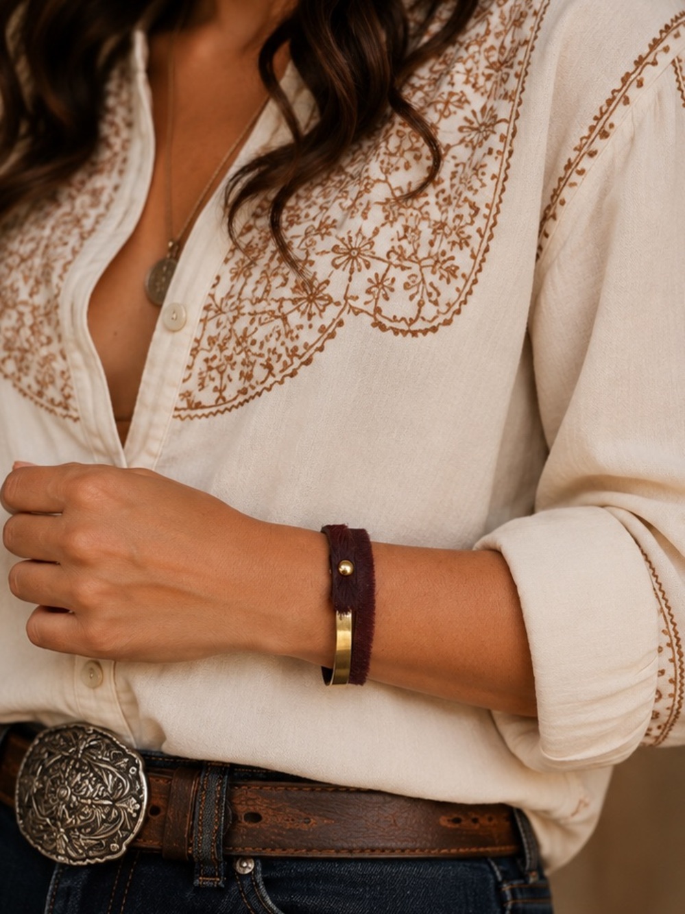 Hair-On Cowhide Leather Bracelet Burgundy Brown Gold-Tone Adjustable